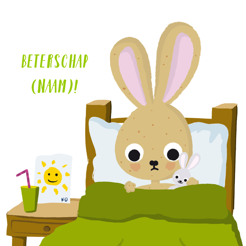 Konijn ziek in bed - Beterschapskaarten Beterschapskaarten - Konijn ziek in bed