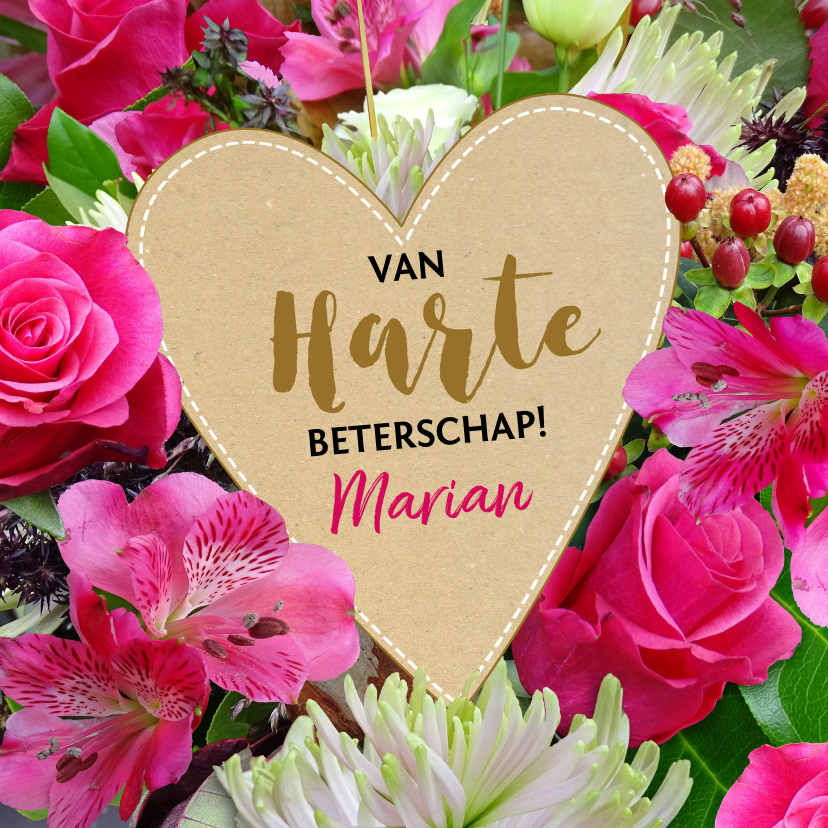 Leuke beterschapskaart met kartonnen hart op bloemen - Beterschapskaarten Beterschapskaarten - Leuke beterschapskaart met kartonnen hart op bloemen