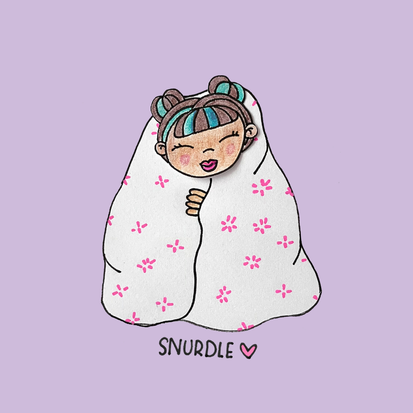 lila kaart met poppetje onder de dekens - Beterschapskaarten Beterschapskaarten - lila kaart met poppetje onder de dekens