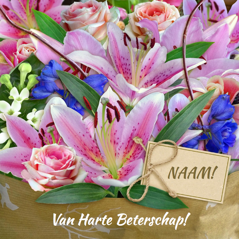 Mooi beterschapskaartje met boeket lelies - Beterschapskaarten Beterschapskaarten - Mooi beterschapskaartje met boeket lelies