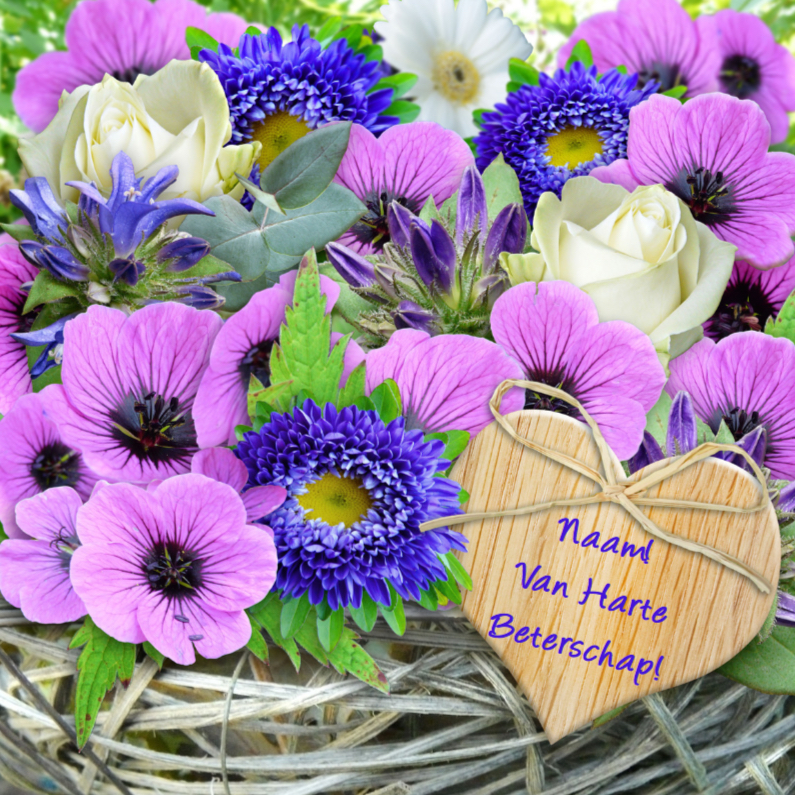 Mooie beterschapskaart met lila bloemen vlechtwerk en hartje - Beterschapskaarten Beterschapskaarten - Mooie beterschapskaart met lila bloemen vlechtwerk en hartje