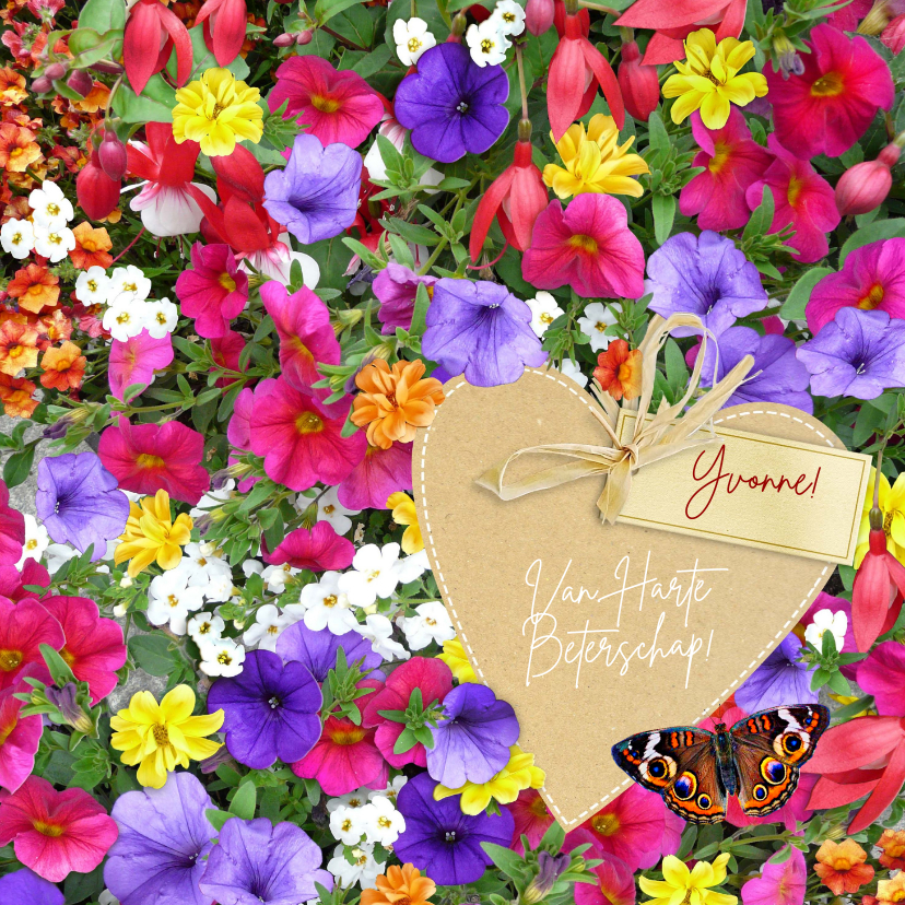 Beterschapskaarten - Mooie beterschapskaart vlinder met kleurige bloemen en hart