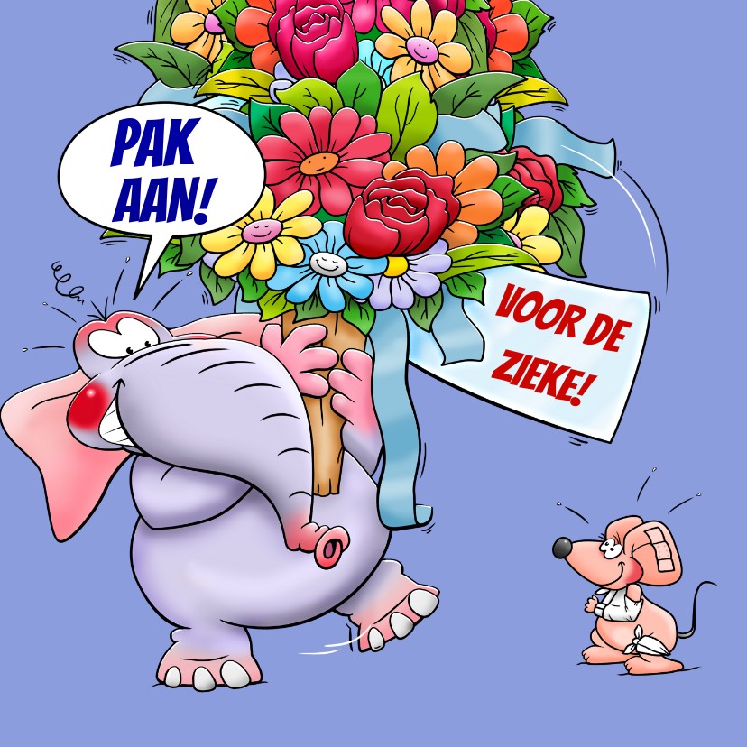 Leuke beterschapskaart met olifant en muisje met bos bloemen - Beterschapskaarten Beterschapskaarten - Leuke beterschapskaart met olifant en muisje met bos bloemen