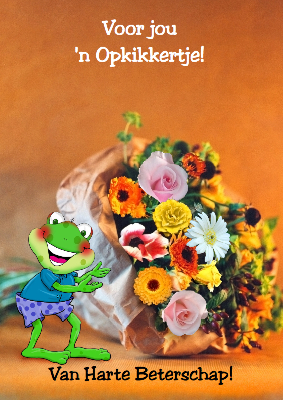 Opkikkertje en bloemen op pakpapier - Beterschapskaarten Beterschapskaarten - Opkikkertje en bloemen op pakpapier