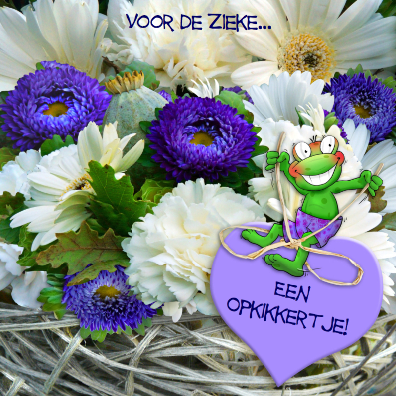 Opkikkertje met bloemen en strikje op hart - Beterschapskaarten Beterschapskaarten - Opkikkertje met bloemen en strikje op hart