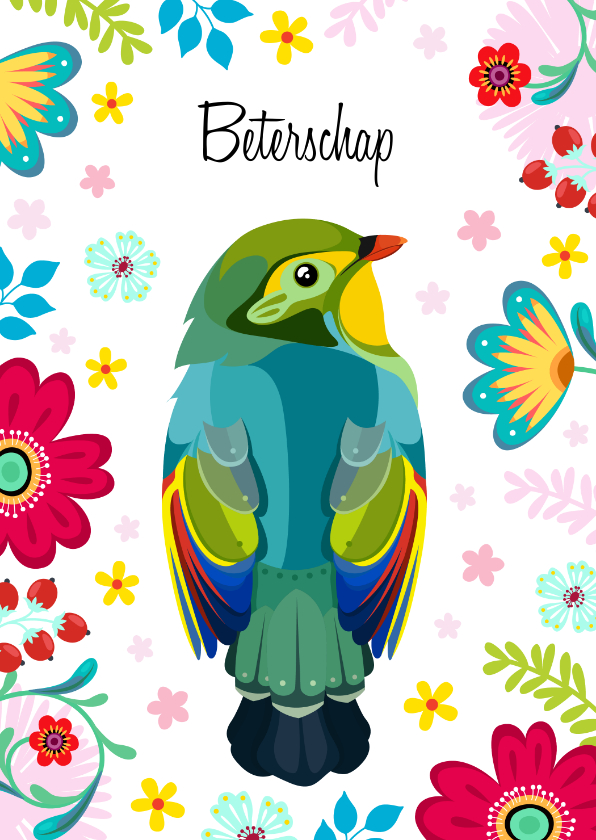 Beterschapskaarten - Sierlijke beterschapskaart vogel met bloemen en planten