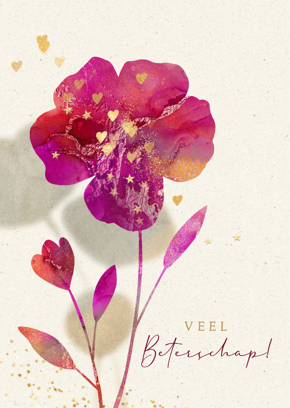 Stijlvolle beterschap wenskaart bloem paars rood goud - Beterschapskaarten Beterschapskaarten - Stijlvolle beterschap wenskaart bloem paars rood goud
