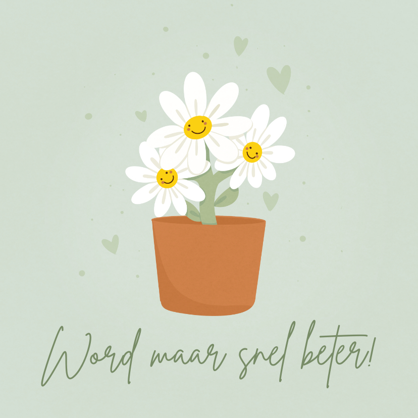 Beterschapskaarten - Vrolijk groene beterschapskaart met glimlachende bloemen