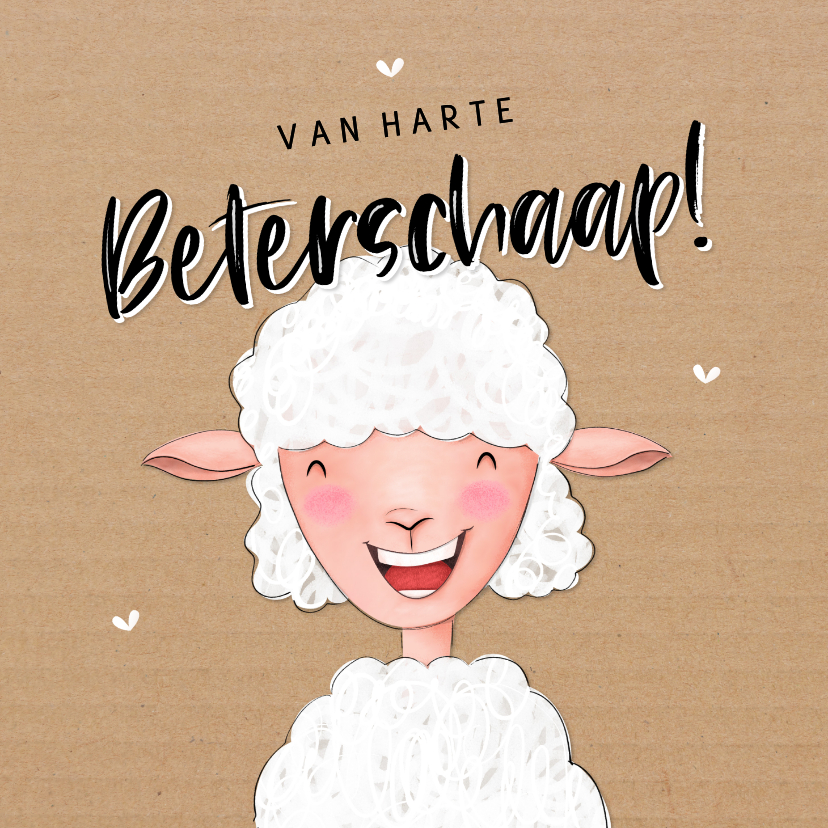 Vrolijke beterschapskaart kraftlook met illustratie schaapje - Beterschapskaarten Beterschapskaarten - Vrolijke beterschapskaart kraftlook met illustratie schaapje