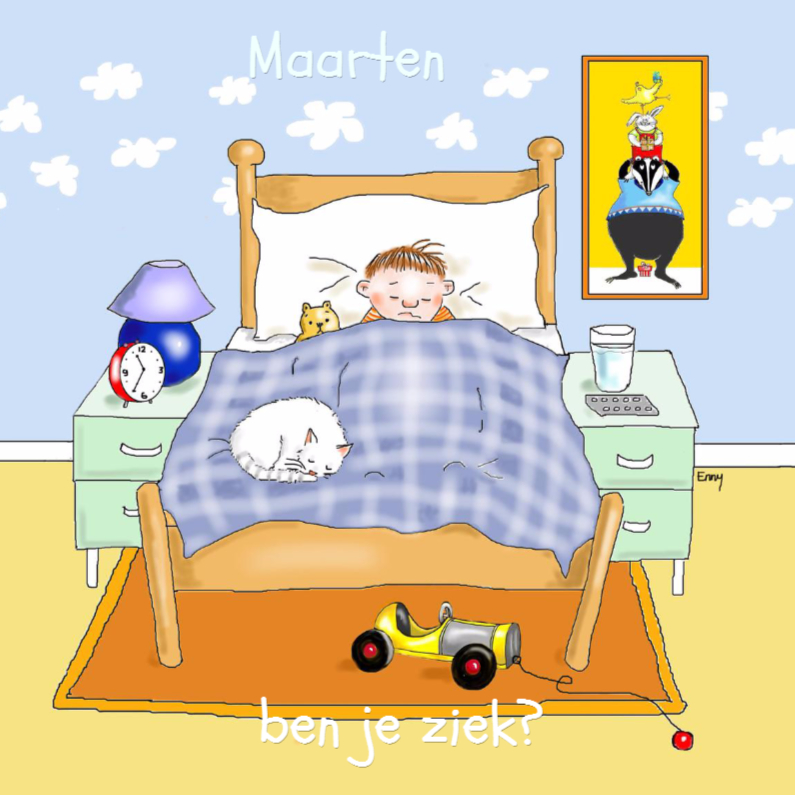 Ziek jongetje in bed - Beterschapskaarten Beterschapskaarten - Ziek jongetje in bed