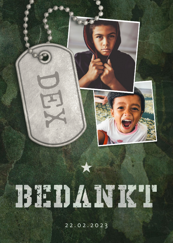 Bedankkaart communie army stoer met fotos en legerplaatje - Communiekaarten Communiekaarten - Bedankkaart communie army stoer met fotos en legerplaatje
