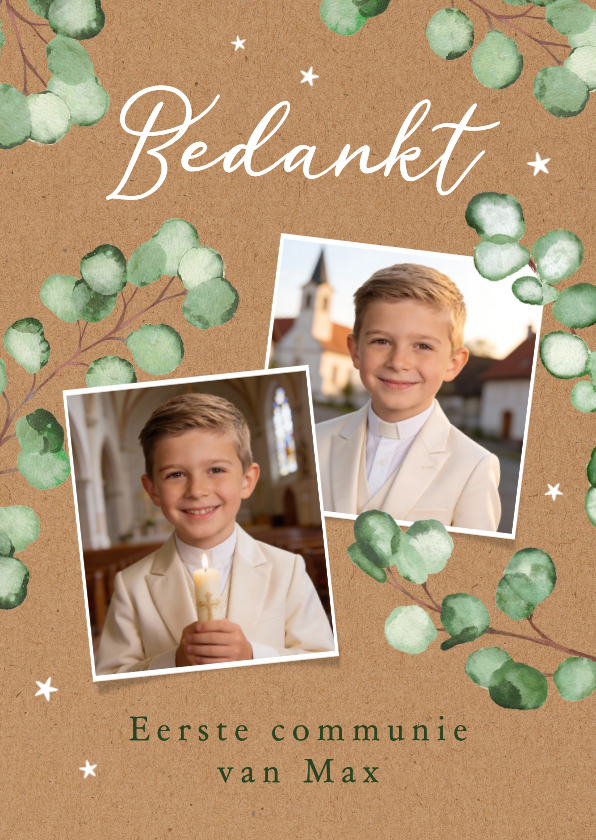 Communiekaarten - Bedankkaart communie foto kraft eucalyptus natuurlijk