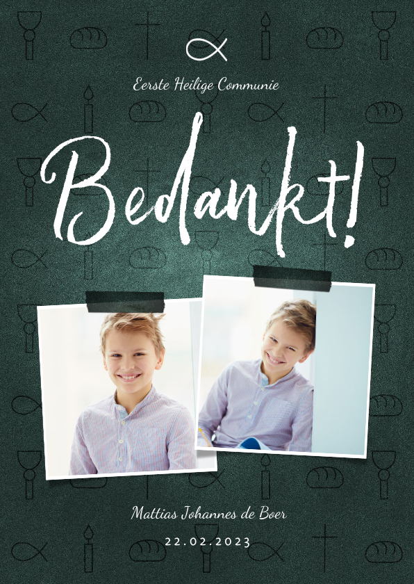 Bedankkaart communie jongen christelijke symbolen met foto's - Communiekaarten Communiekaarten - Bedankkaart communie jongen christelijke symbolen met foto's