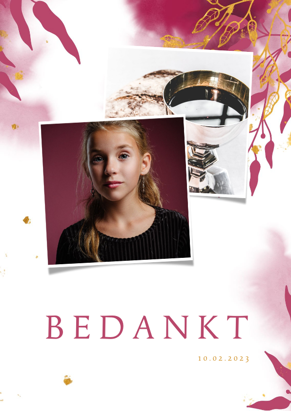 Bedankkaart communie met gouden bladeren en roze waterverf - Communiekaarten Communiekaarten - Bedankkaart communie met gouden bladeren en roze waterverf