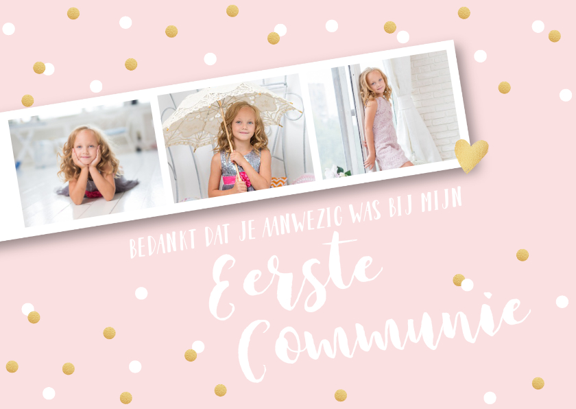 Bedankkaart communie pastel fotostrip confetti - Communiekaarten Communiekaarten - Bedankkaart communie pastel fotostrip confetti