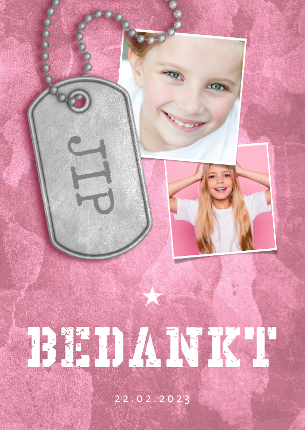 Bedankkaart communie roze stoer met fotos en legerplaatje - Communiekaarten Communiekaarten - Bedankkaart communie roze stoer met fotos en legerplaatje
