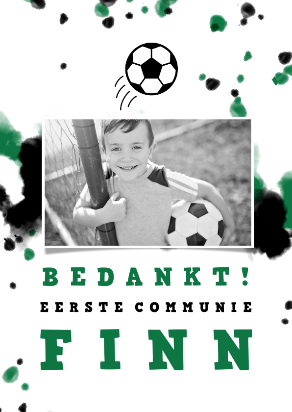 Communiekaarten - Bedankkaart communie voetbal met foto en spetters