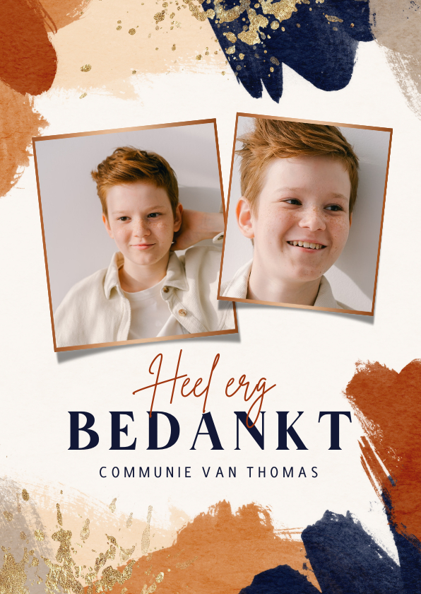 Communiekaarten - Bedankkaart communiefeest verf terra cotta blauw goud foto