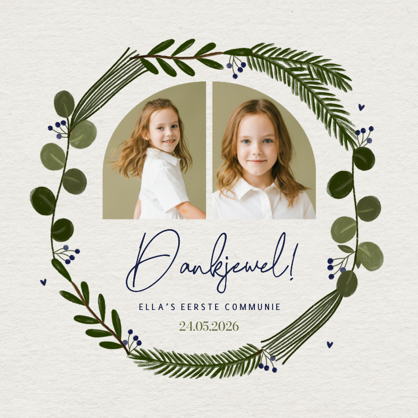 Communiekaarten - Bedankkaart eerste communie botanische krans met foto's