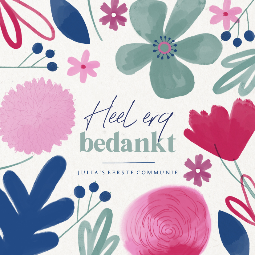 Communiekaarten - Bedankkaart eerste communie kleurrijke bloemen meisje