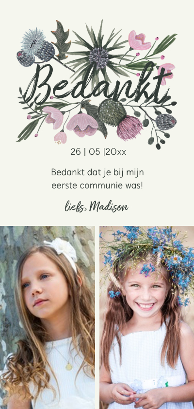 Communiekaarten - Bedankkaartje communie bloem boeket