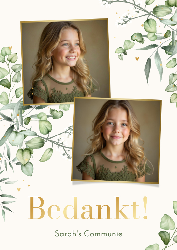 Communiekaarten - Bedankkaartje communie eucalyptus goud 2 foto's