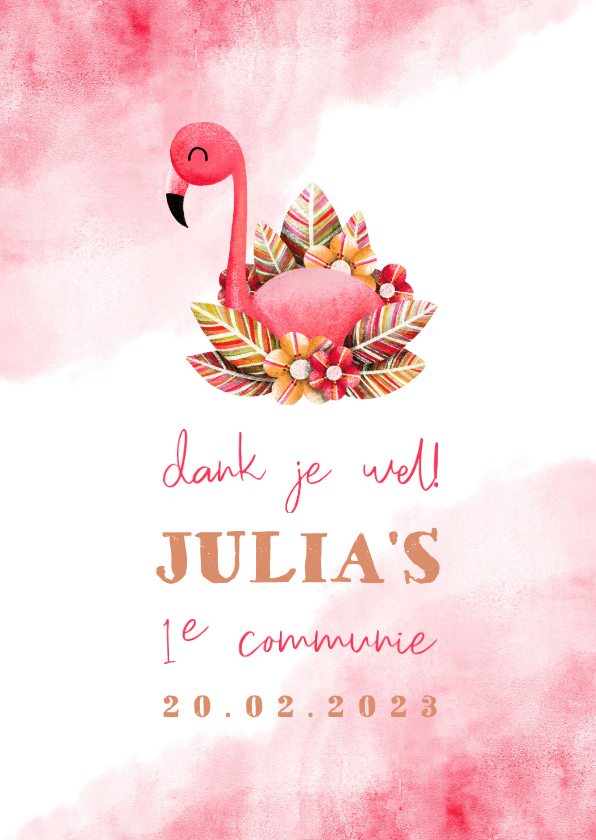 Communiekaarten - Bedankkaartje communie flamingo met waterverf