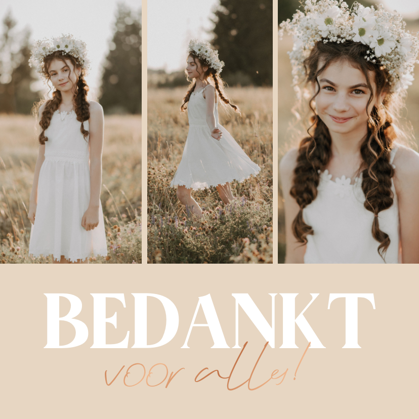 Communiekaarten - Bedankkaartje communie grote tekst met folie fotocollage
