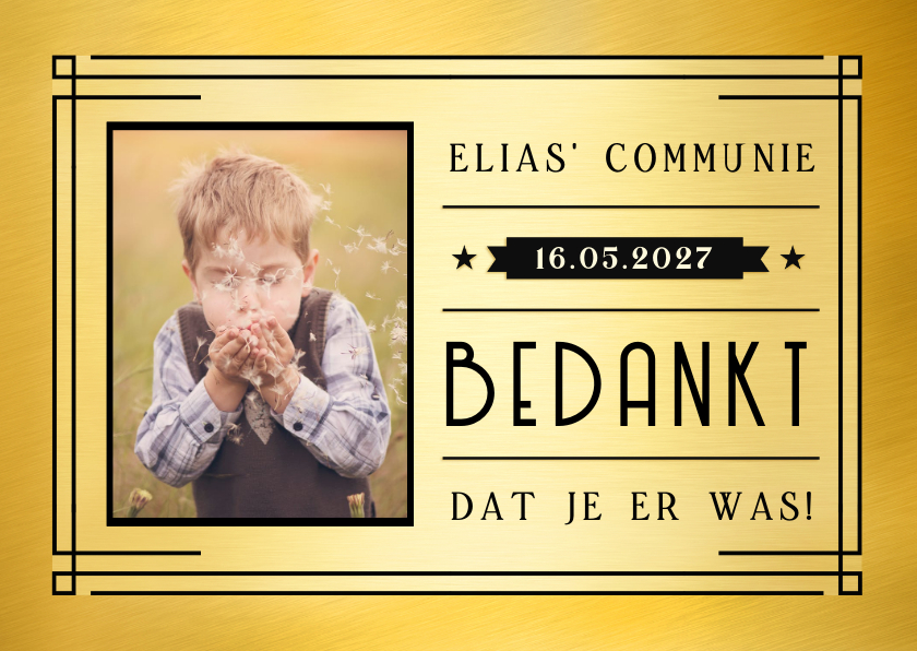 Communiekaarten - Bedankkaartje communie in een gouden ticket stijl