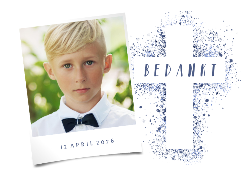 Communiekaarten - Bedankkaartje communie kruis foto verfspetters