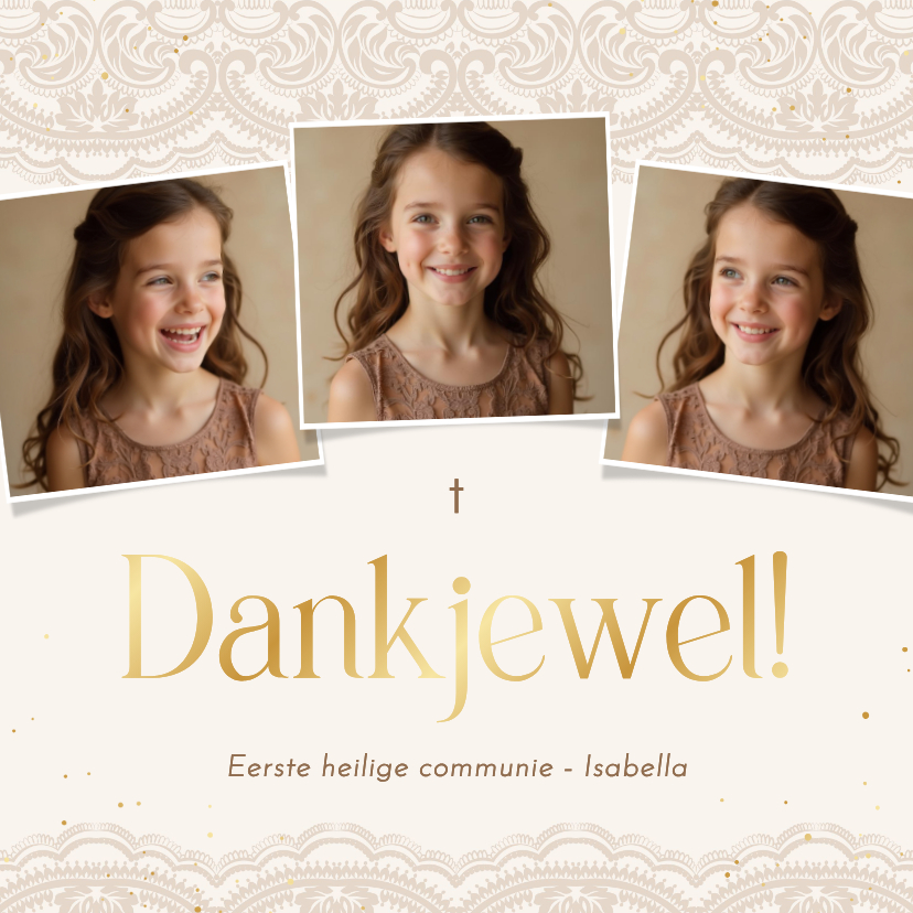 Communiekaarten - Bedankkaartje communie met beige kant en gouden spetters