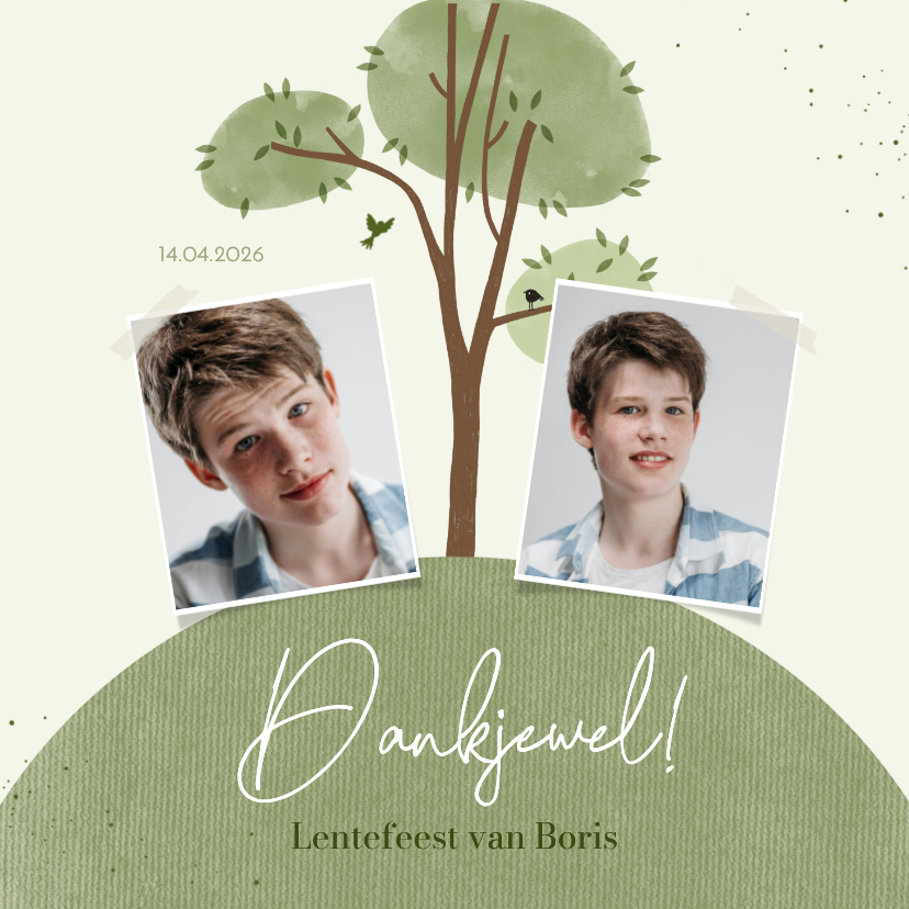Communiekaarten - Bedankkaartje lentefeest boom en wereld met foto's
