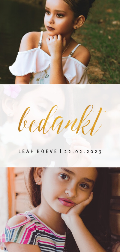 Bedankkaartje met 3 foto's en goudlook bedankt - Communiekaarten Communiekaarten - Bedankkaartje met 3 foto's en goudlook bedankt