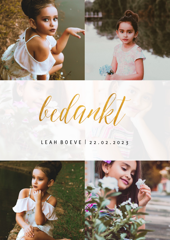 Bedankkaartje met fotocollage en goudlook bedankt - Communiekaarten Communiekaarten - Bedankkaartje met fotocollage en goudlook bedankt