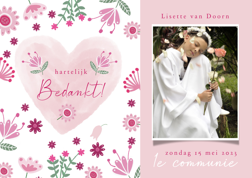 Bedankt communie roze bloemen - Communiekaarten Communiekaarten - Bedankt communie roze bloemen