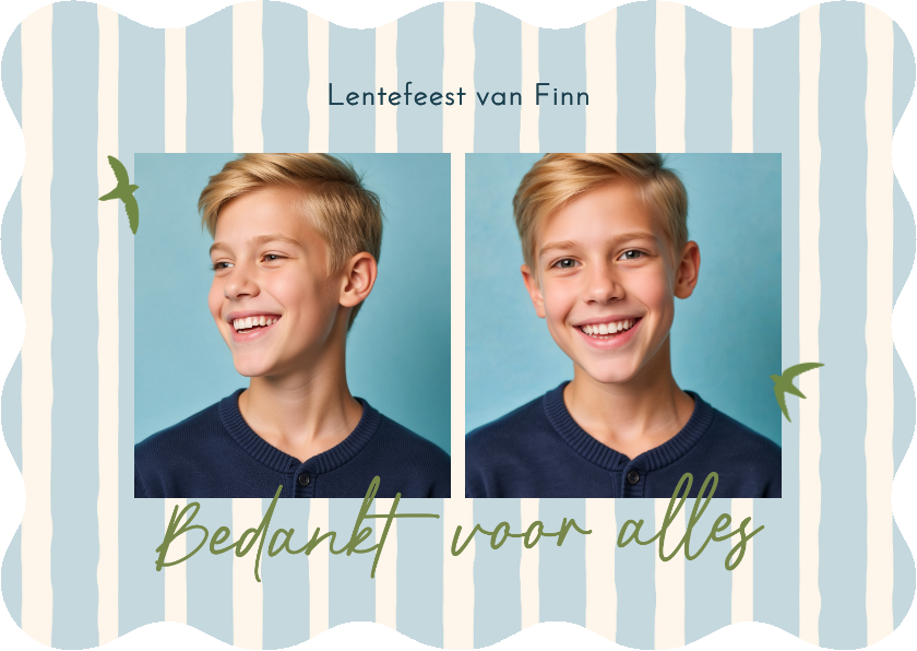 Communiekaarten - Bedankt lentefeest blauwe streep groene vogeltjes golfvorm