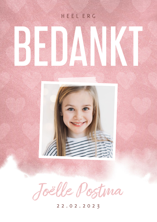 Communie bedankkaart hip waterverf roze met hartjes - Communiekaarten Communiekaarten - Communie bedankkaart hip waterverf roze met hartjes