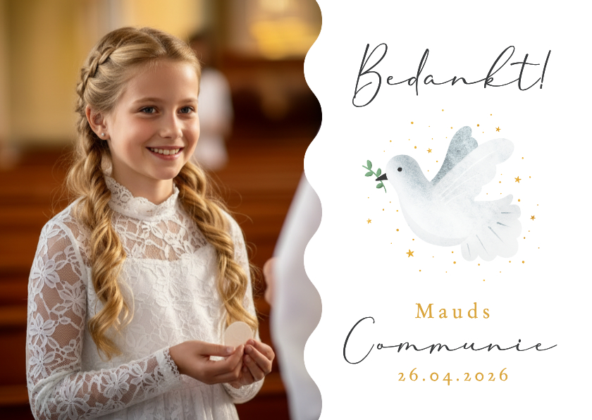 Communie bedankkaart met foto en duifje - Communiekaarten Communiekaarten - Communie bedankkaart met foto en duifje