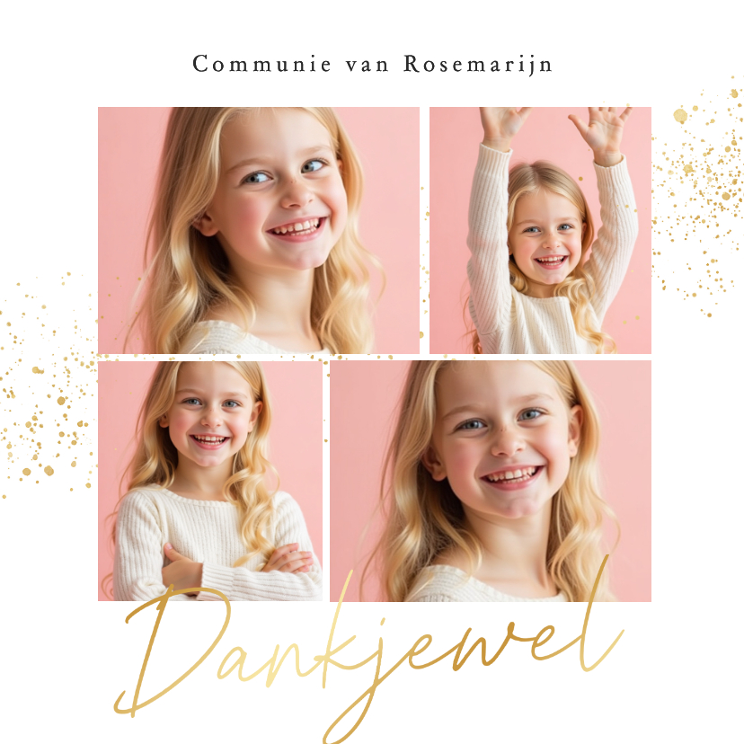 Communiekaarten - Communie bedankkaartje fotocollage wit met gouden spetters 