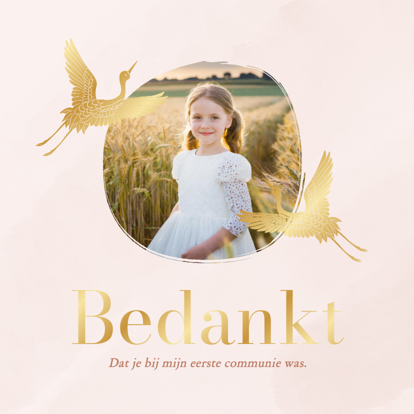 Communiekaarten - Communie bedankkaartje in roze textuur met goudfolie vogels
