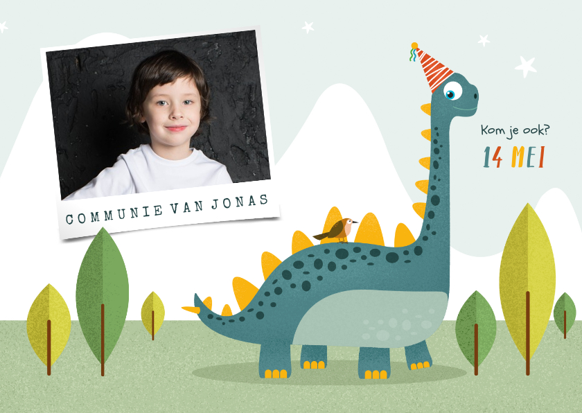 Communiekaarten - Communie dino feest vrolijk fotokaart brachiosaurus