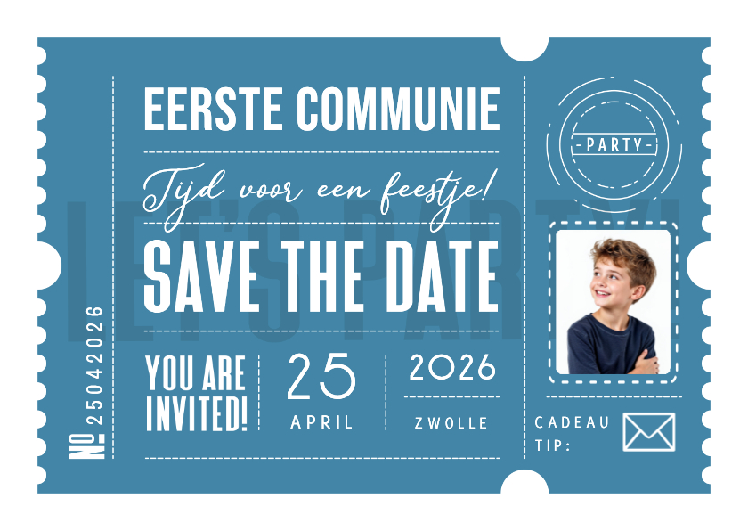 Communiekaarten - Communie feestje ticket blauw stoer modern foto