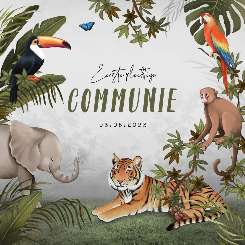 Communiekaarten - Communie hip jongen jungle dieren botanisch