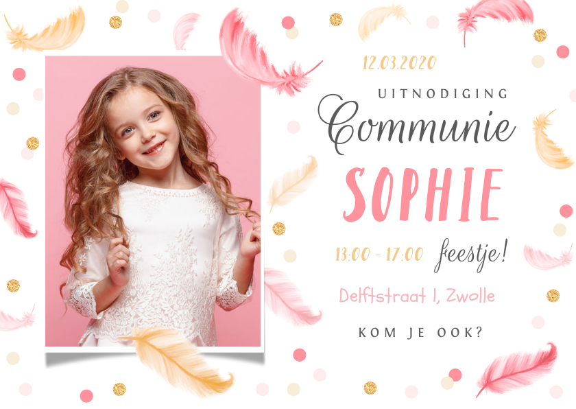 Communiekaarten - Communie lentefeest veertjes roze confetti