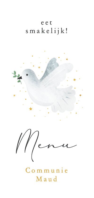 Communiekaarten - Communie menukaart langwerpige boog met duif