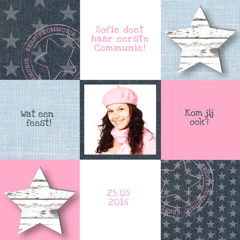 Communiekaarten - Communie Pink&Blue Stars Girl