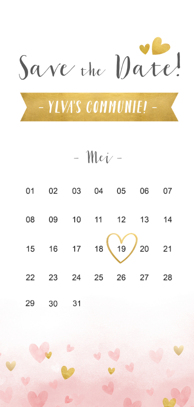 Communiekaarten - Communie Save the Date kaart met gouden en roze hartjes 