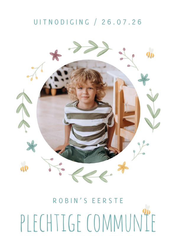 Communiekaarten - Communie uitnodiging cirkel van bloemetjes en takjes