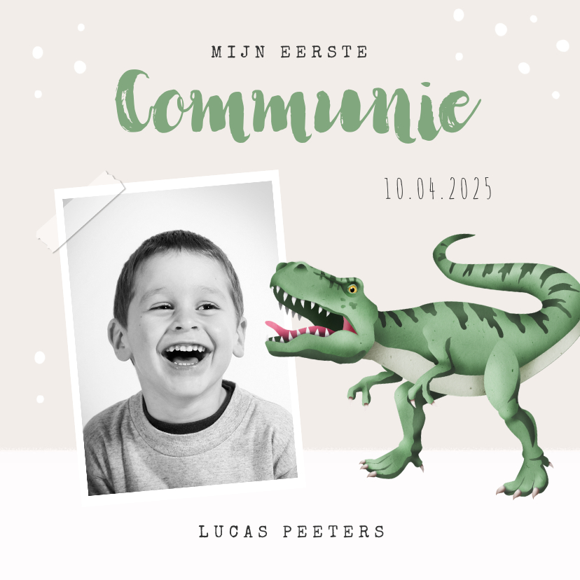 Communiekaarten - Communie uitnodiging dino t-rex foto