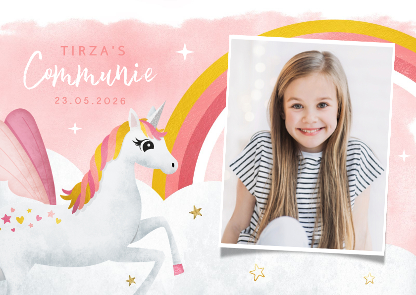 Communie uitnodiging eenhoorn met regenboog waterverf - Communiekaarten Communiekaarten - Communie uitnodiging eenhoorn met regenboog waterverf